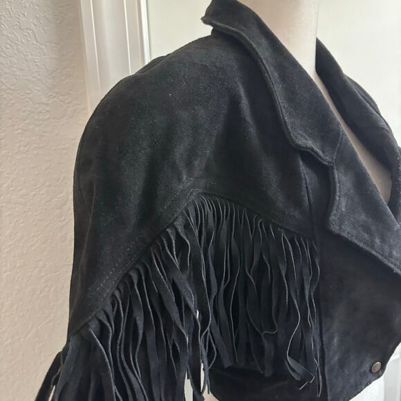 VTG Outerwear by Phoenix 80s Black Suede Fringe Leather Cropped Jacket Western M - Picture 6 of 15